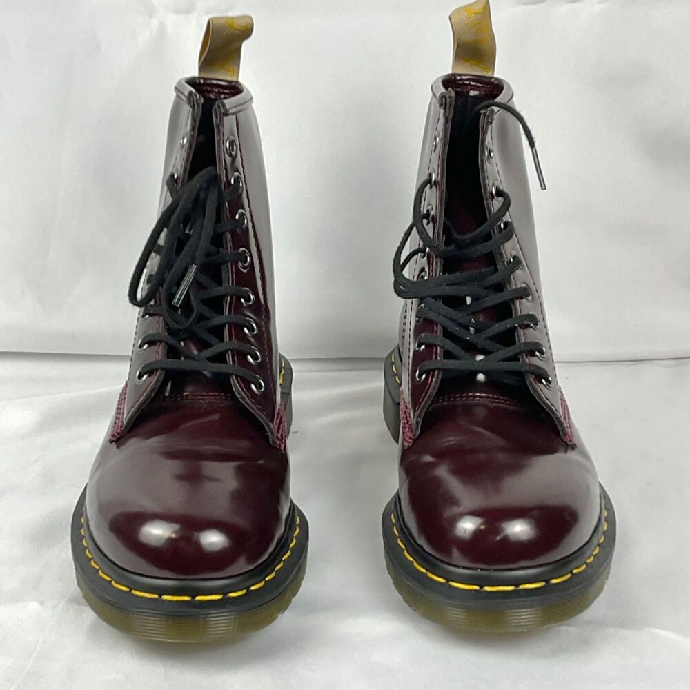 Dr Martens Vegan 1460 Burgundy 8 Eye Boots Cherry Red Lace Up Combat Womens US 9